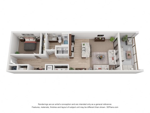 a stylized 3d floor plan of a 2100 sq ft studio apartment
